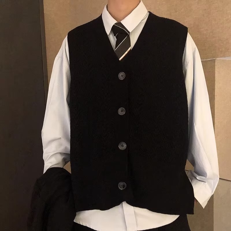 Lazy style retro Japanese style knitted cardigan vest men's ins sleeveless sweater sweater vest coat autumn Ruan handsome Lazy style retro Japanese style knitted cardigan vest men's ins sleeveless sweater sweater vest coat autumn Ruan handsome