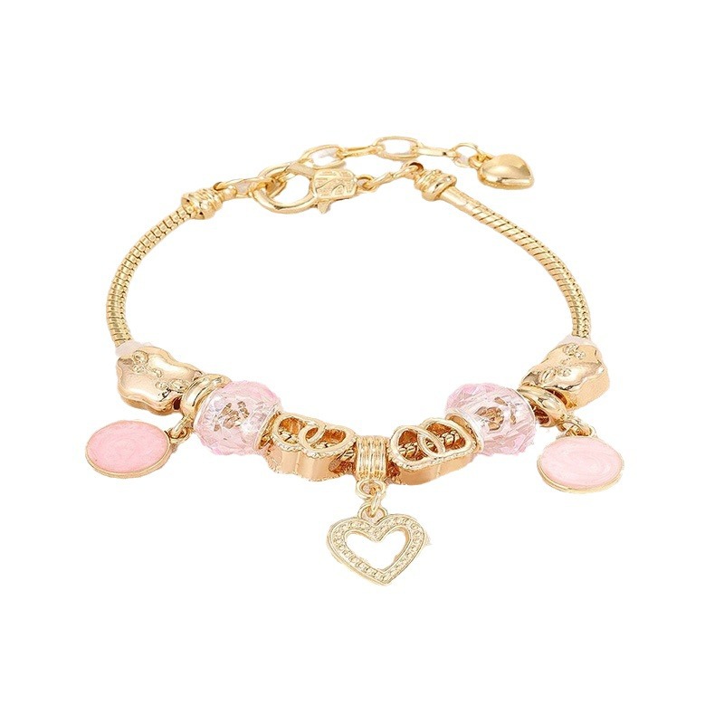 Panjia pulsera Dora DIY cuentas transfronterizas estriado colgante en forma de corazón cristal ajustable pulsera de cadena de cobre