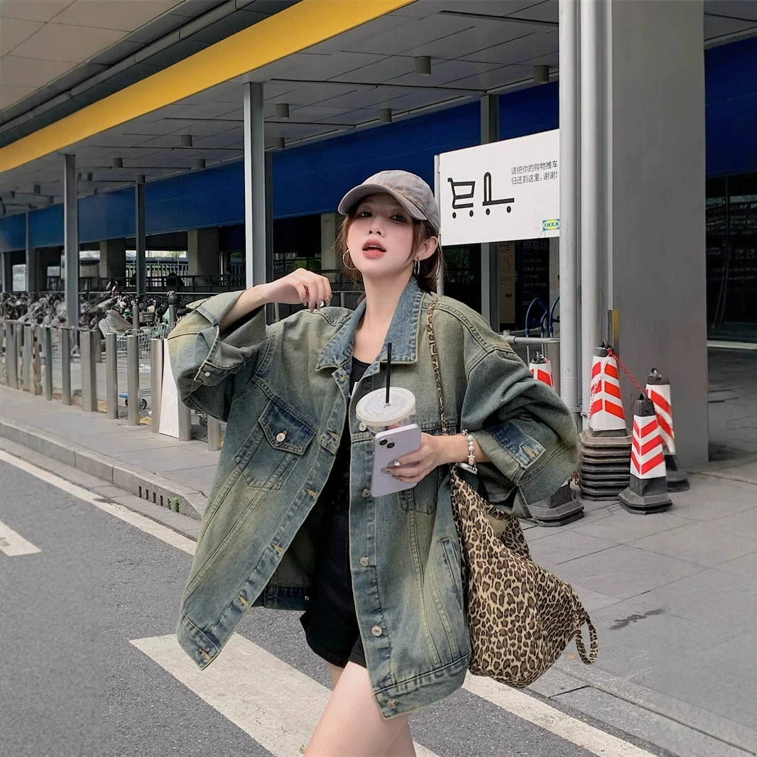 Ранняя осень женской одежды ретро американский джинсовый пиджак с длинными рукавами