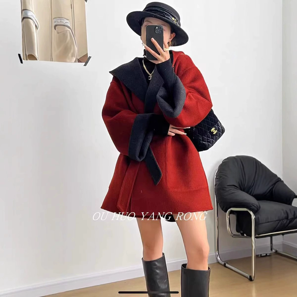 Осеннее и зимнее двухстороннее шерстяное пальто женский плащ с капюшоном