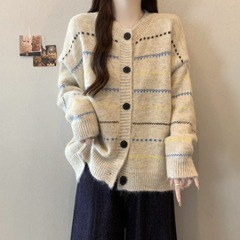 2025温柔小香风混色洋气毛衣开衫女秋冬季新款宽松显瘦软糯针织衫
