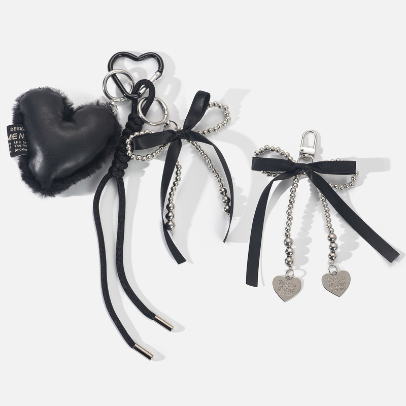 Cross-Border Popular Trend Exquisite Dark Style Gothic Silver Ccb Bow Plush Heart Keychain Bag Pendant