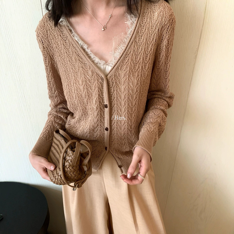 Hers' new early autumn Korean-style lazy style hollow-out design versatile slimming V-neck knitted cardigan 66771
