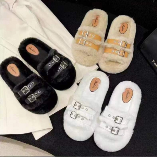 Thick-soled slippers for women, summer wear, 2024 new fashion internet celebrity plush one-word outdoor fur slippers autumn and winter 