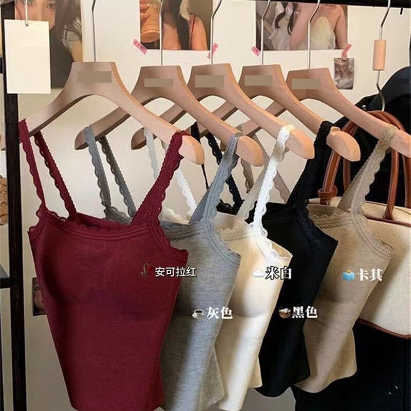 Korean Style Threaded Lace Camisole for Women with Built-In Breast Pad and Fixed Cup, Breathable Design and Can Be Worn Outside the Top Korean Style Threaded Lace Camisole for Women with Built-In Breast Pad and Fixed Cup, Breathable Design and Can Be Worn Outside the Top