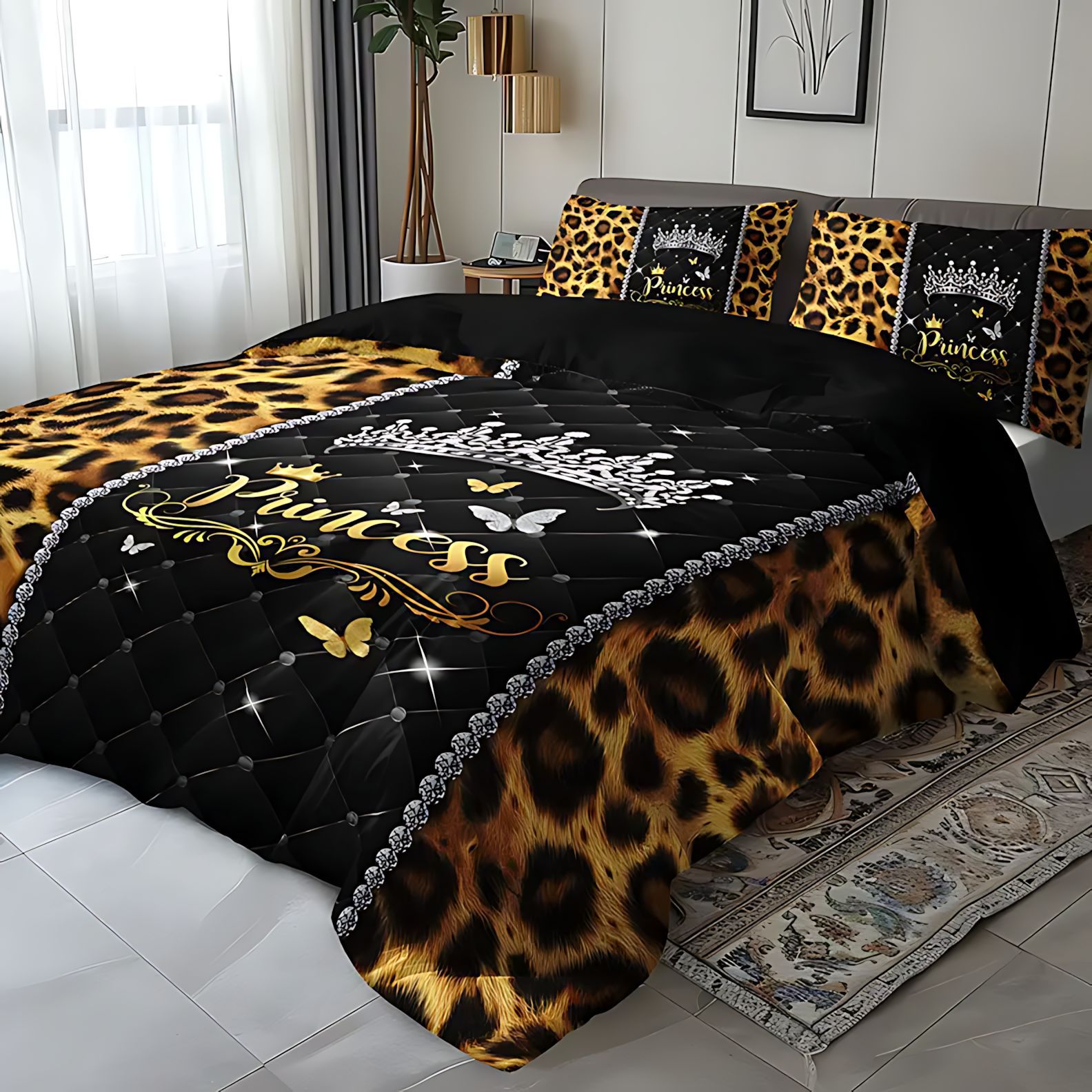 TEMU / JIT abrasivo colcha de cama con colcha de almohada con letras inglesas impresas digitalmente con leopardo para dibujar