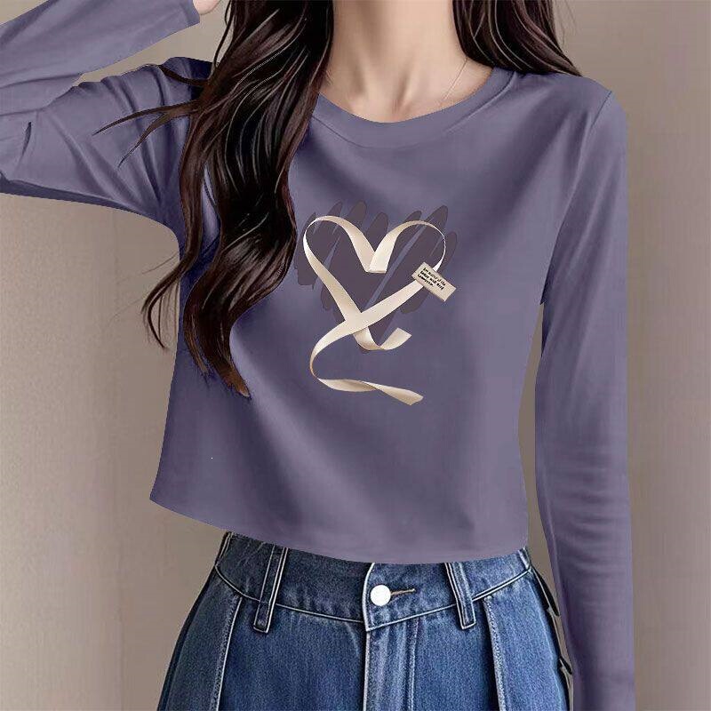 100% cotton long-sleeve base shirt t-shirt for women, fashionable and versatile printed commuter short top for spring and autumn 100% cotton long-sleeve base shirt t-shirt for women, fashionable and versatile printed commuter short top for spring and autumn