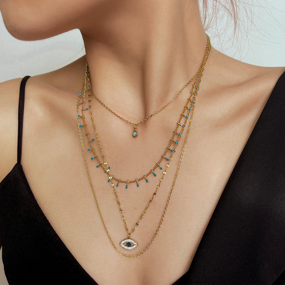 Fashion Geometric Eye Titanium Steel Layered Rhinestones Necklace