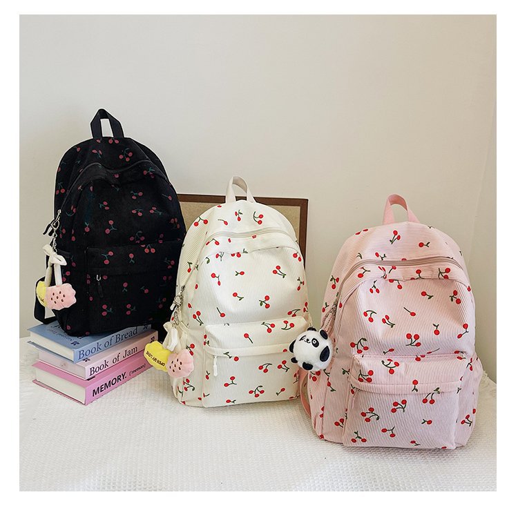 1197g Weight Polyester Lining Material Zipper Closure Type Double Shoulder Straps Strap Type Casual, School, Daily Occasion Corduroy Material Back To School Festival School Backpack Backpack Cherry Pattern All Seasons Season Women's Gender Cute Style Shell Shape Cherry Casual School Daily School Backpack 21