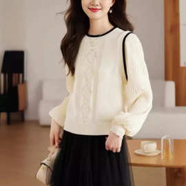 法式春秋新款超好看灯笼袖假两件打底针织衫小个子套头圆领上衣女