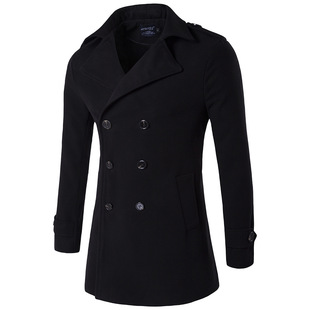 European Size Cross-Border Men's Clothing 2025 Autumn and Winter New Woolen Outwear Men's Double-Breasted Epaulet Woolen Outwear Trendy Men's Windbreaker
