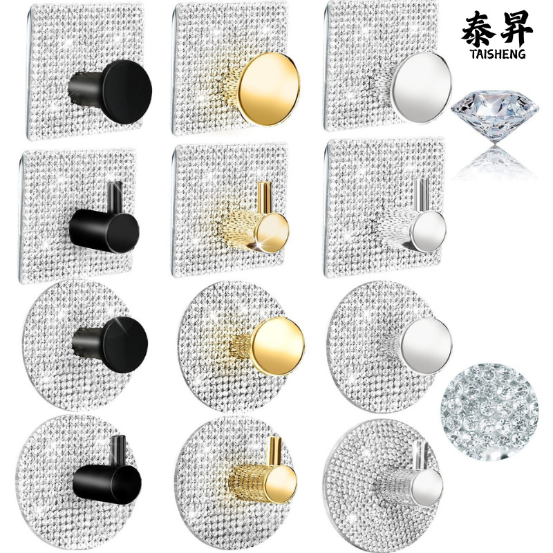 Cross-Border Stainless Steel Hook, Diamond-Shaped, No-Drill Adhesive Hook, Strong Adhesive Hook for Bathroom Door, Kitchen, and Restroom, Light Luxury, No-Nail Installation