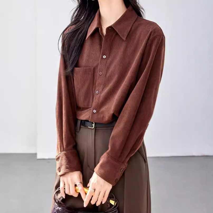 MAILLARD 스타일 다크 브라운 줄무늬 따뜻한 셔츠 여성의 2024 가을 캐주얼 우아한 작은 탑