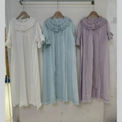 2026 Japanese Style Spring/Summer New Model, All-Rayon, Lace Collar, Lace-Trimmed Short-Sleeve Dress