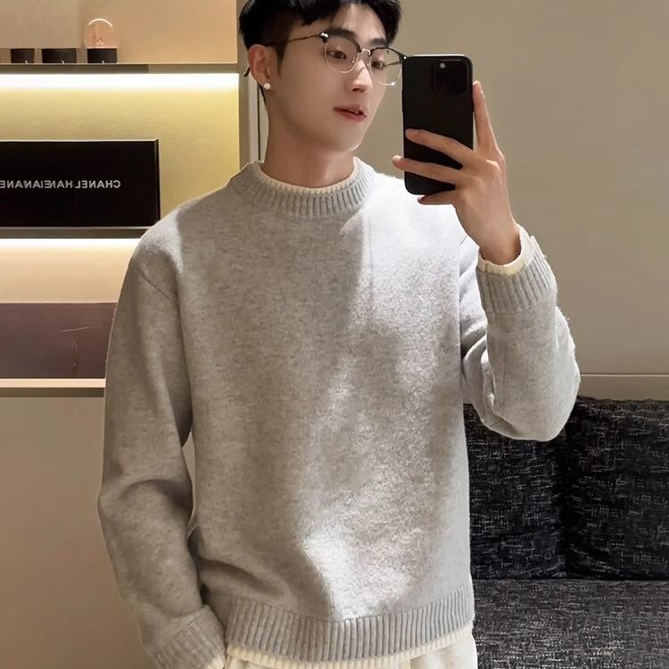 Men's Merino wool blend faux two-piece crew neck sweater, autumn/winter new style, knitted inner layer Men's Merino wool blend faux two-piece crew neck sweater, autumn/winter new style, knitted inner layer