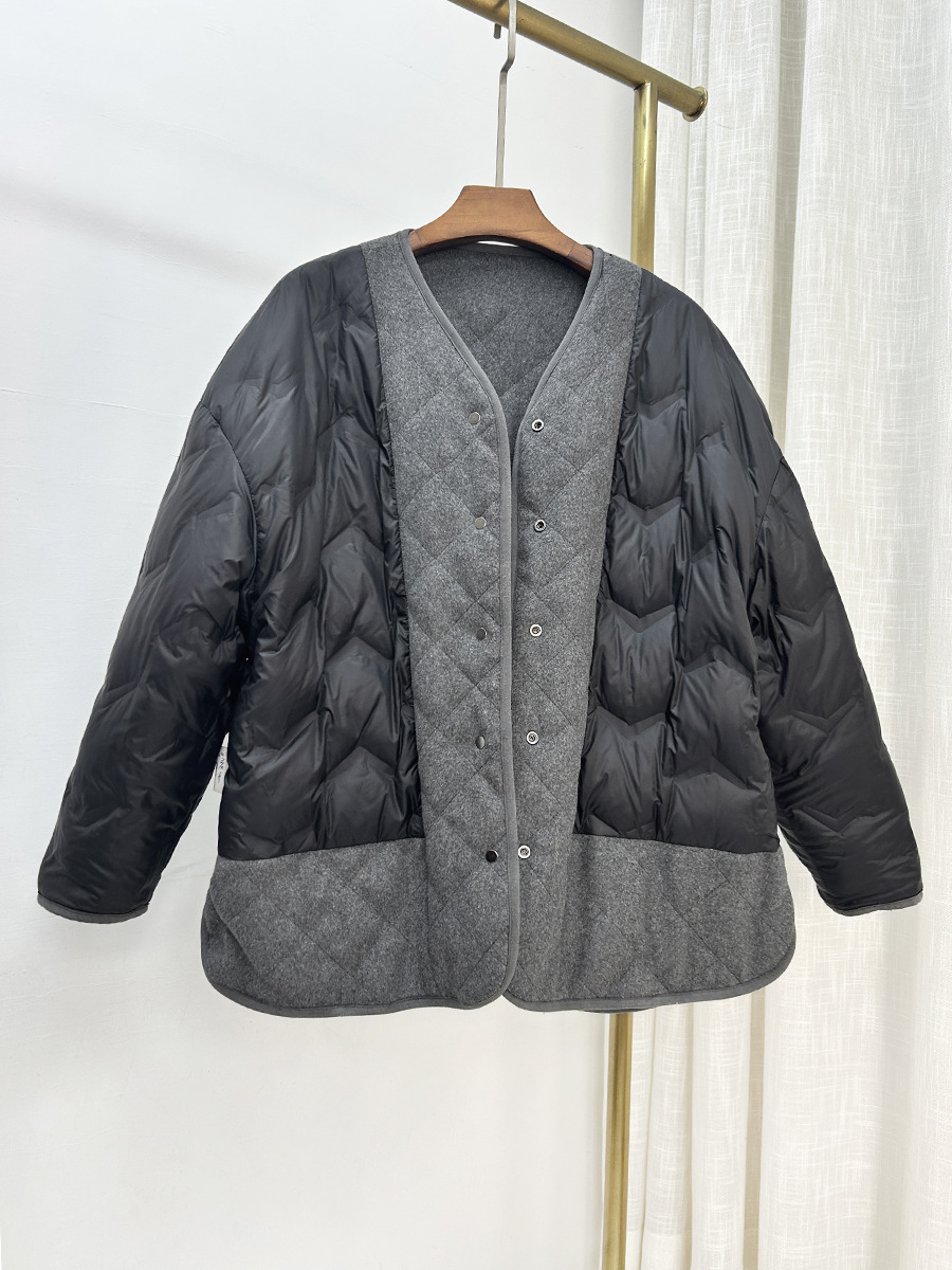 Áo khoác len cardigan nữ lót lông vũ trắng 90% dày dặn mùa đông — mã não màu xám