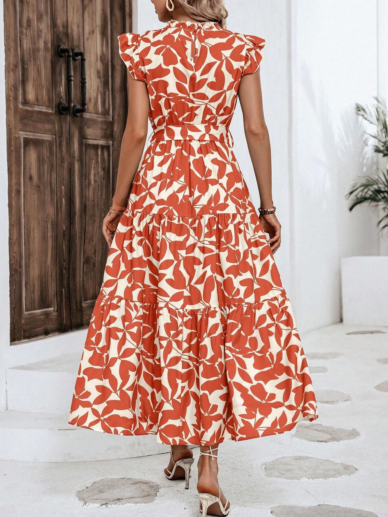 350g Weight Midi Dress Dress Length Type Sleeveless Sleeve Length Swing Dress Dresses Type Flounce Sleeve Sleeve Type Polyester Fabric Type High Waist Waist Line Holiday, Daily Occasion Standing Collar Neckline Slim Fit Type Leaf Pattern Summer Season Women's Gender Printing Design Elegant, Streetwear Style Wholesale Women's Elegant Streetwear Printing Leaf Holiday Daily Standing Collar Sleeveless Swing Dress 4