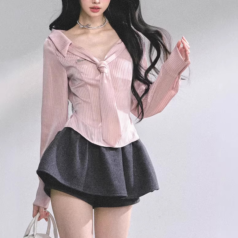 Sophisticated French-Style Polo Collar Striped Shirt for Women, Autumn Slim-Fit Sweet Top