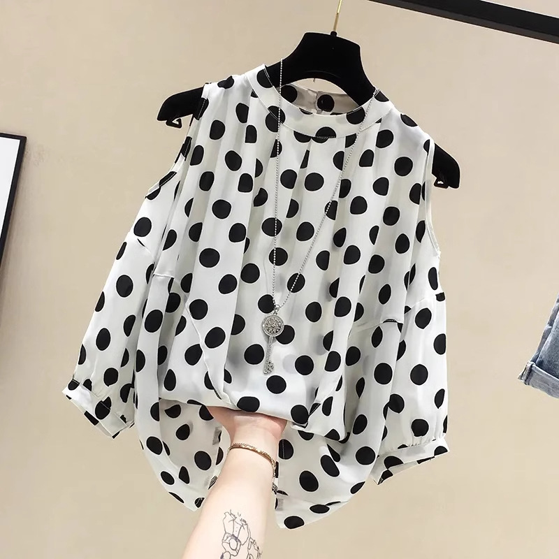 Plus Size Women's Summer New Fat Girl Loose Slimming Belly-Covering Top Polka-Dot Off-Shoulder Short-Sleeved Chiffon Shirt