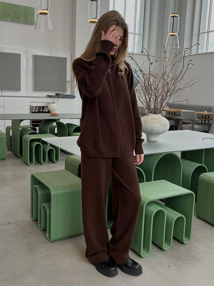 Bộ áo cardigan dệt kim khóa kéo phối quần dài ống rộng nữ — màu bột yến mạch, màu nâu, màu xám, trắng chi tiết 57