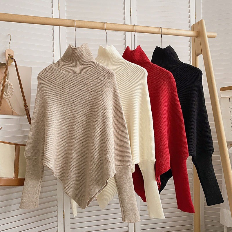 Cross-Border European and American Style Solid Color Knitted Sweater, High-Neck Batwing Sweater, Shawl, Elegant Commuter Amazon Sweater, Women's Pullover Cross-Border European and American Style Solid Color Knitted Sweater, High-Neck Batwing Sweater, Shawl, Elegant Commuter Amazon Sweater, Women's Pullover