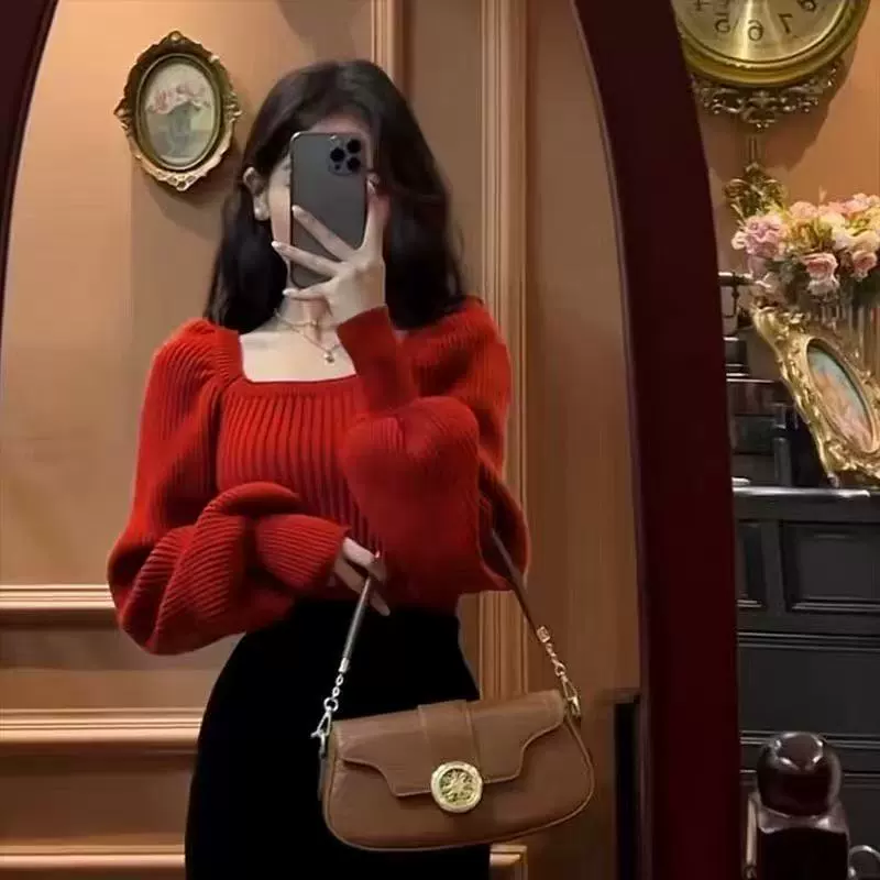 Осень ретро милый дизайн фонарик, вязаный свитер, квадратный вырез, Slim fit