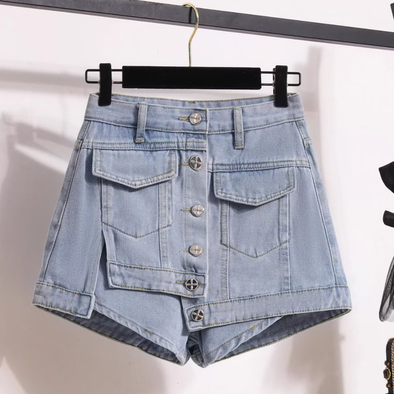 Denim Short Skirt for Women, Spring, Autumn, and Summer High-Waisted Skirt Shorts, Anti-Exposure Light Blue Skirt Shorts for Petite Women, Cross-Border