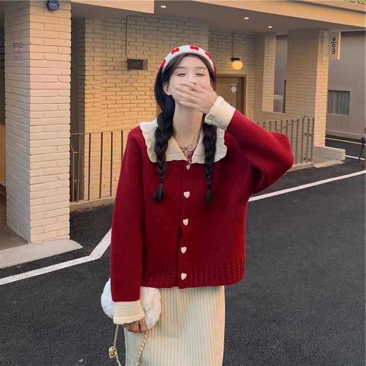 New Year Christmas Red Sweater Women's Autumn 2025 New Doll Collar Contrast Color Chic Knitted Cardigan Jacket Autumn and Winter