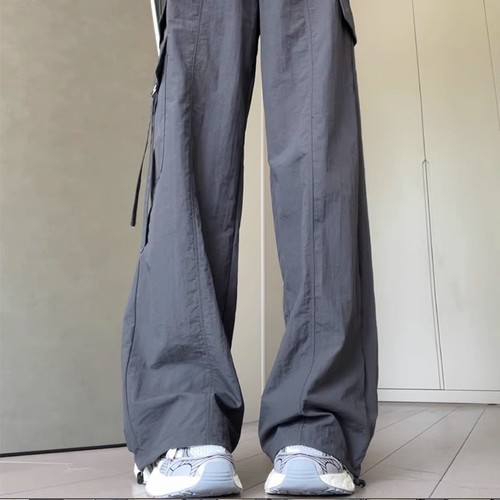 Vintage Rocker Straight Leg Work Pants for Women Summer High-Waisted Pocket Floor-Length Drawstring Ankle Pants