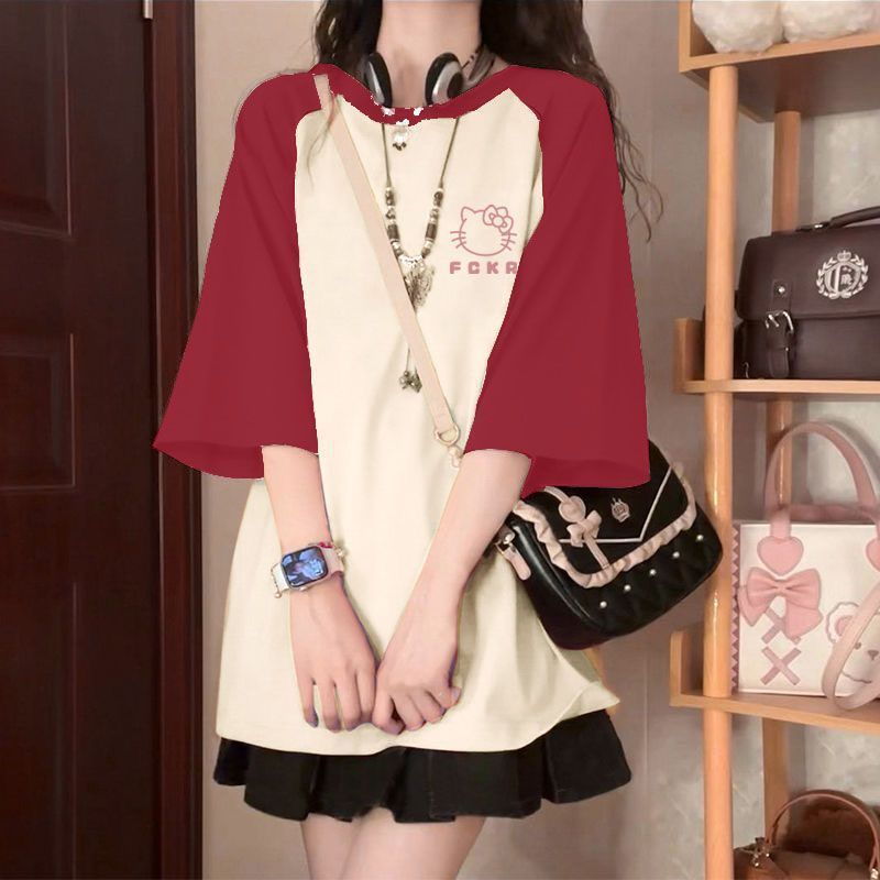 만화 고양이 빨간 살구 반팔 + 검은 치마 [안전 바지 포함, 고품질]