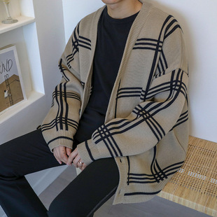 Men's cardigan Korean style plaid sweater coat spring and autumn Korean style trendy handsome loose outer wear lazy style sweater