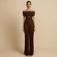 跨境欧美风女装秋季新款一字肩透视性感蕾丝开叉修身包臀连衣裙女