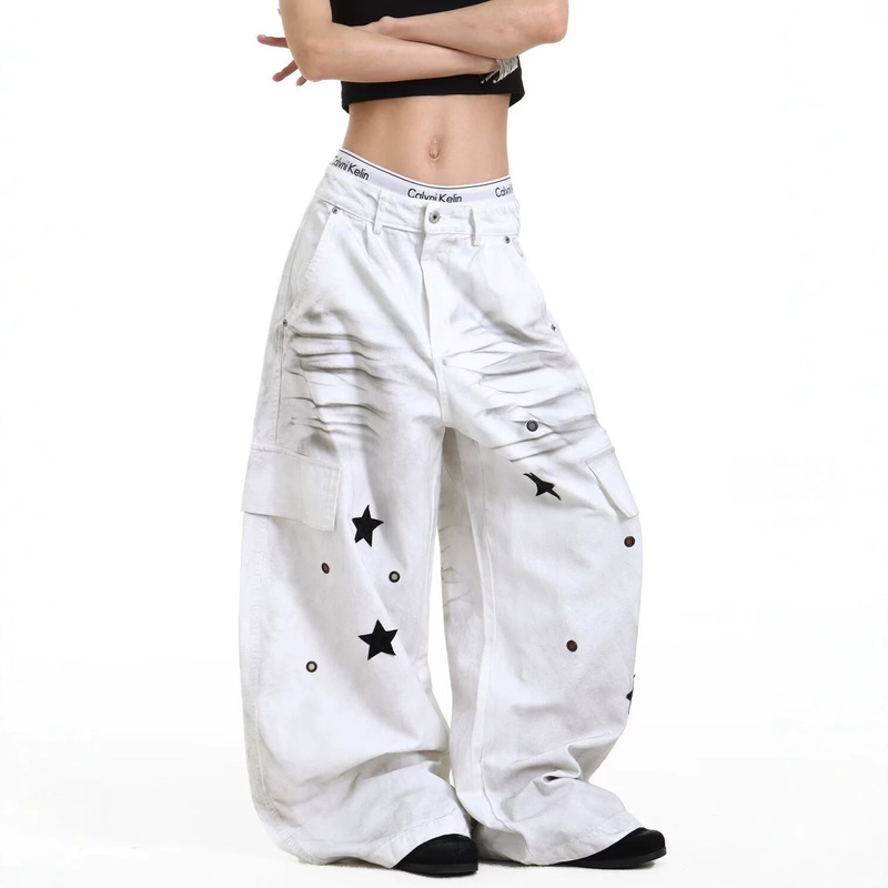 Light Punk Style Y2K Washed Dirty-Dyed Star Print Loose Hip-Hop Jeans for Women Summer Foreign Trade Cross-Border Pants