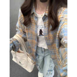 50棉50涤原版质量做法 两个口袋】多巴胺港风甜美黄色格子衬衫女