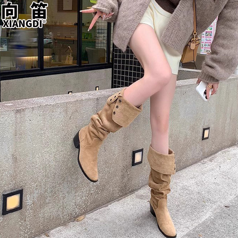 牛皮版过膝靴子女两穿长筒靴粗跟骑士靴西部牛仔靴褶皱堆堆靴皮靴|undefined