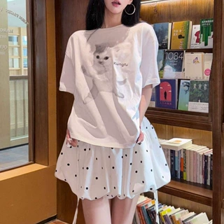 夏季女装新款 辣妹纯欲风休闲宽松慵懒风功夫小猫印花短袖T恤上衣