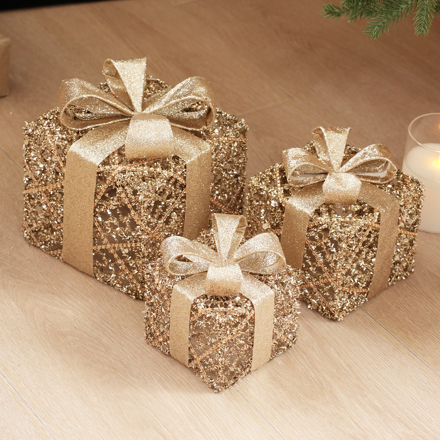 Caja de regalos de caña de Navidad caja de regalos de hierro forjado caja vacía decoración de pinos decoración de decoración de tres piezas set