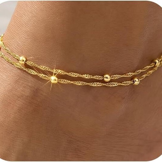 European and American Style Gold-Plated Double-Layer Anklet, Adjustable Beach Vacation Women's Foot Jewelry, Fashionable and Versatile Accessories, Wholesale from Manufacturer