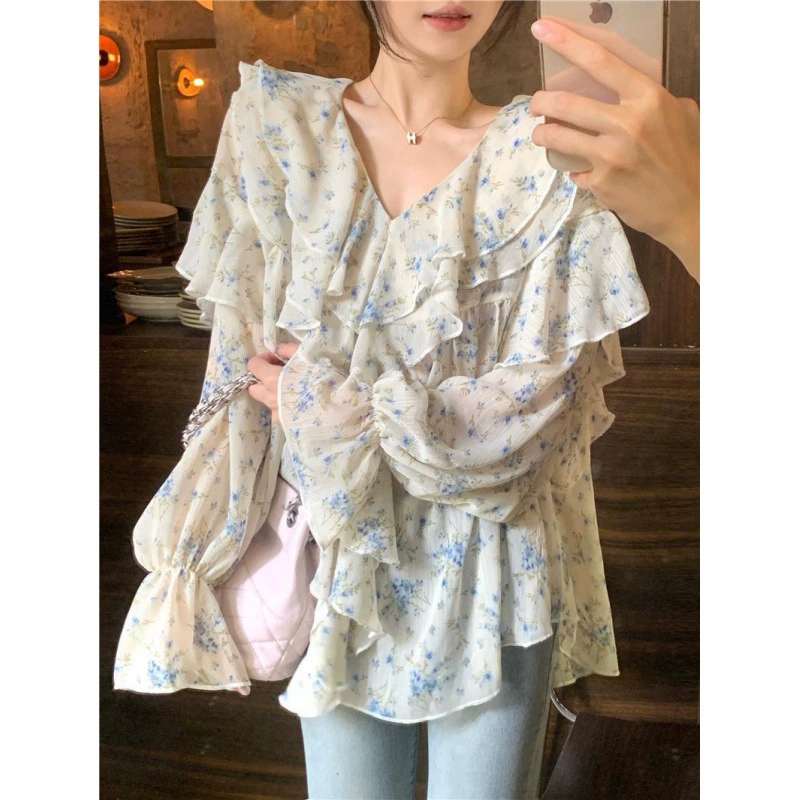 Женская летняя французская рубашка для защиты от солнца с цветочным принтом Chubby Girl, размер 1,00-150,00 кг, двухслойная дизайнерская шифоновая рубашка с V-образным воротником и V-образным вырезом