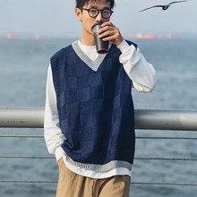 日系学院风针织衫马甲男春秋季宽松圆领毛衣背心无袖百搭针织坎肩