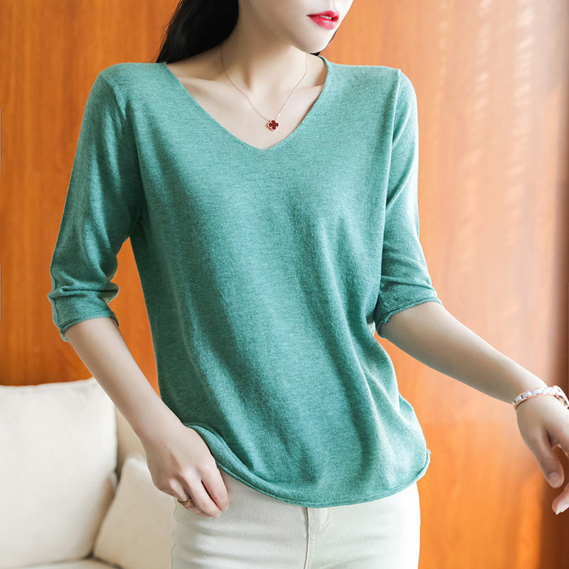 Superfine Wool Knitted Short-sleeved T-shirt Women's V-neck Half-sleeved 2023 Summer Thin Loose Half-sleeved Base Shirt Top