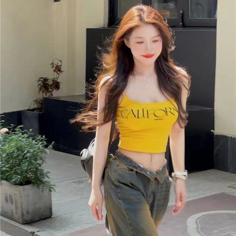 Summer yellow short comfortable top with cups with letters sleevless
