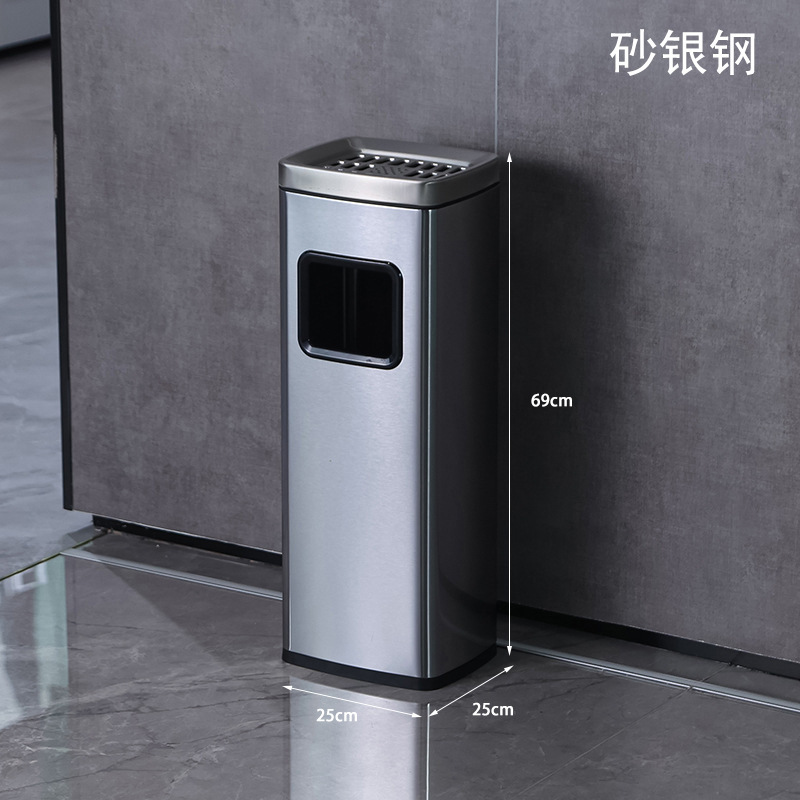 Bote de basura de acero inoxidable del hotel con cenicero, entrada de ascensor vertical, pasillo del vestíbulo, columna de humo para fumar comercial