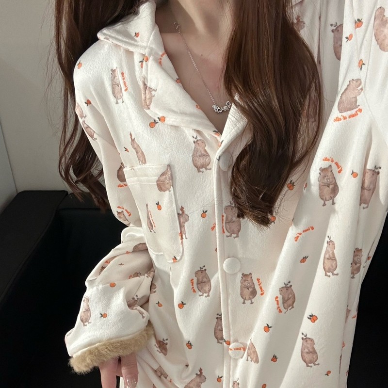 可爱甜妹新款爆款卡通卡皮德绒睡衣冬季新款睡衣套装家居服|undefined
