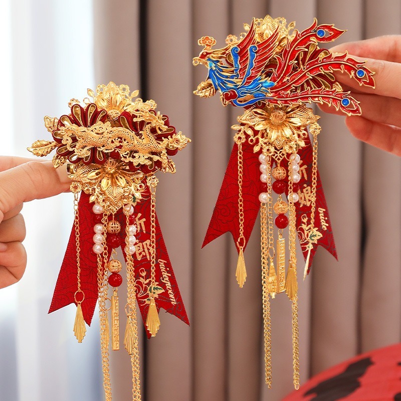 新郎新婦用の結婚式の龍と鳳凰のコサージュ、家族全員用の中国風コサージュのフルセット、ブローチとブローチ|undefined