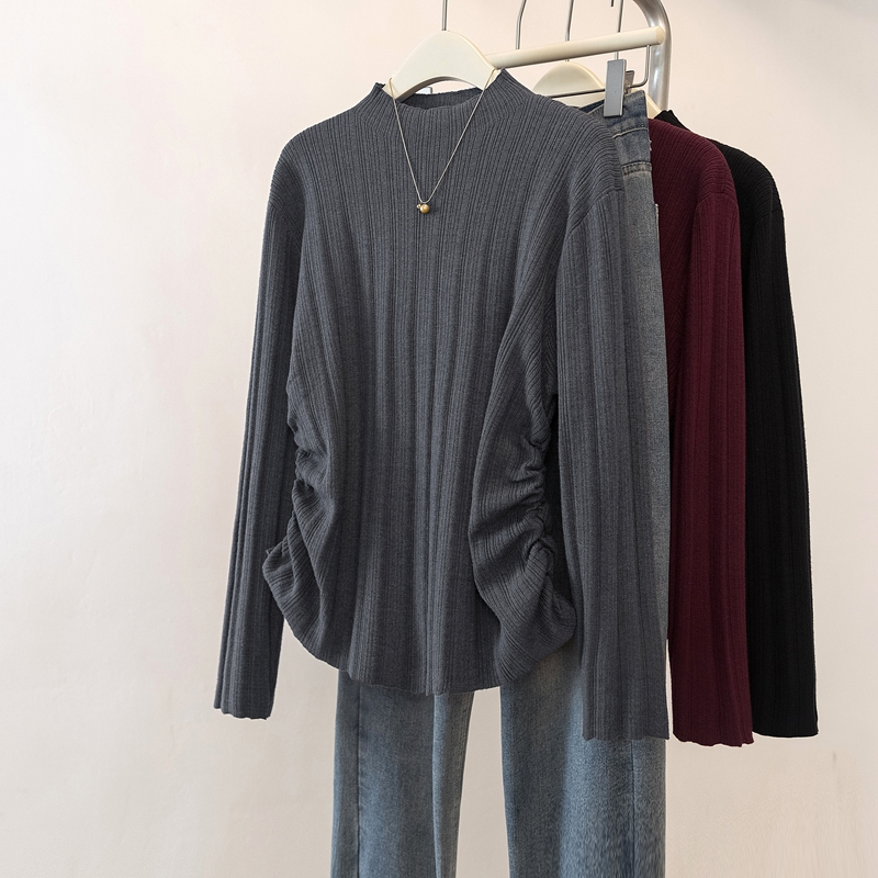 하프 터틀넥 퍼플 스웨터 숄더 긴소매 여성용 가을과 겨울 플러스 사이즈 통통녀 내베이스 셔츠 기질 탑