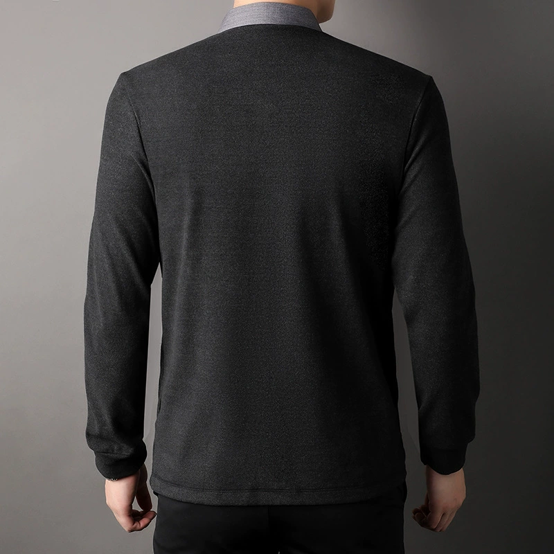 Autumn men's layered shirt-look set — cardigan with faux shirt, casual business knit, black/gray, sizes M–4XL