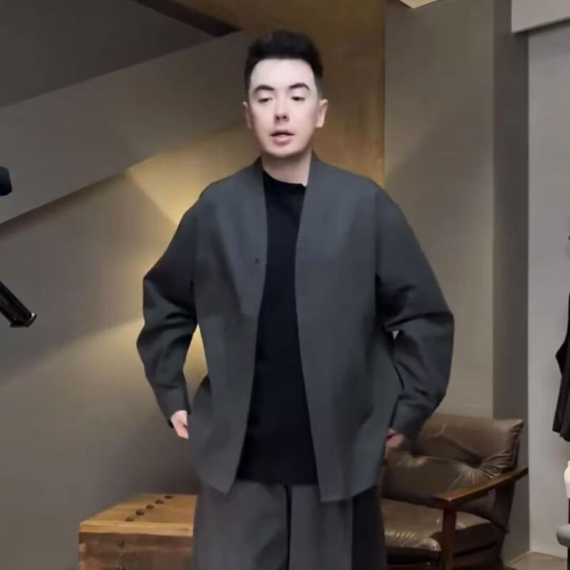 【高品质】时尚百搭潮流轻奢致雅亲肤V领长袖衬衫极简无领道袍套|undefined