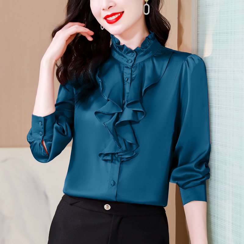 Green 1803 intellectual elegant artificial silk shirt women's long sleeve solid color lace collar court style mulberry silk shirt Green 1803 intellectual elegant artificial silk shirt women's long sleeve solid color lace collar court style mulberry silk shirt