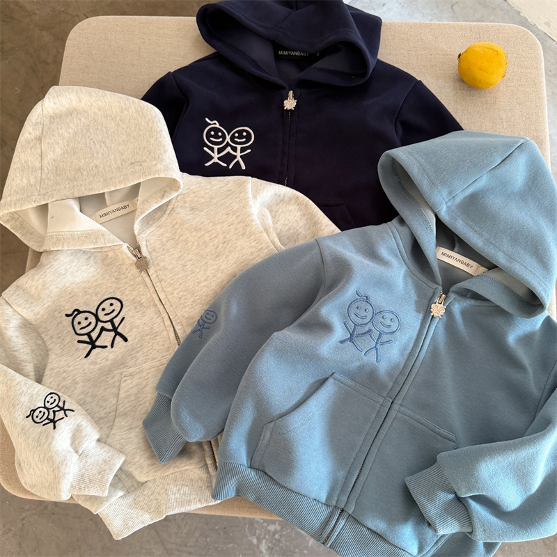 Children's outerwear 2026, new autumn collection: unisex hooded sweatshirts with a "squinty eyes" design, featuring a stick-figure pattern and embroidered details, with a zipper